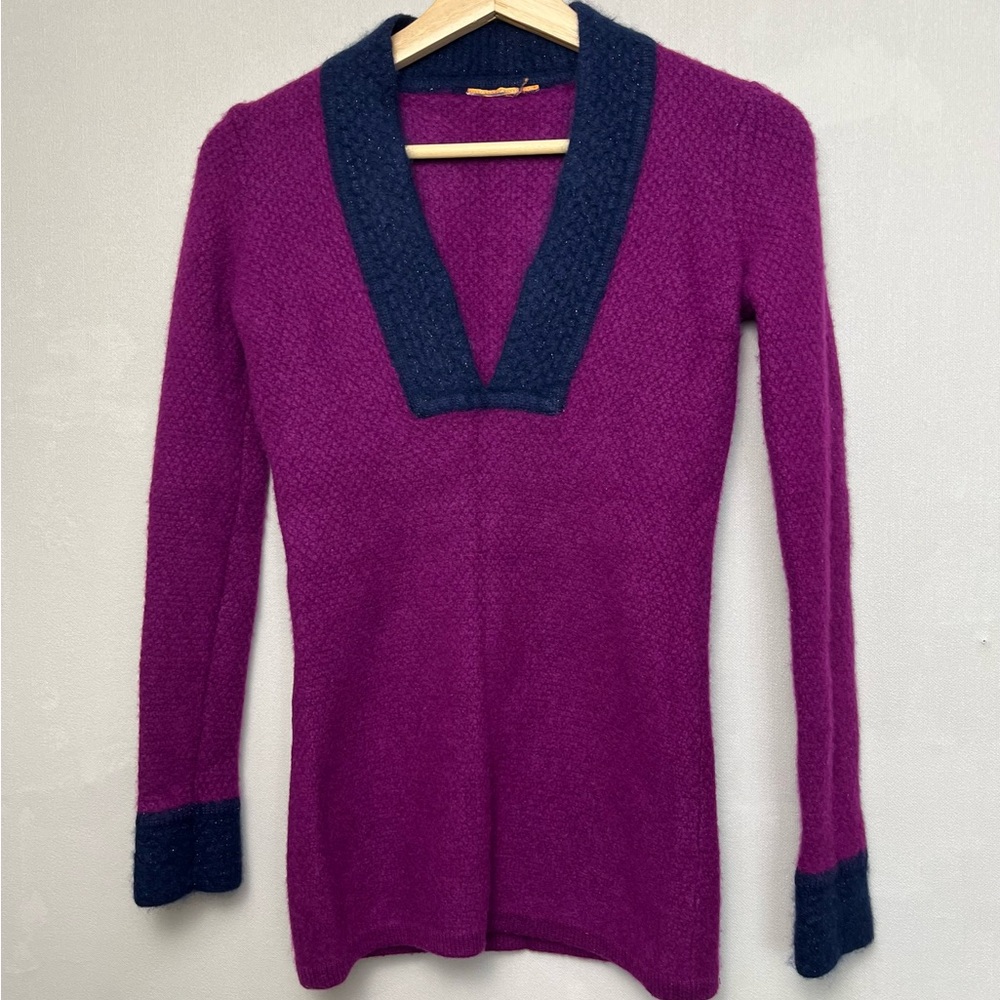 Tory Burch 100% Cashmere‎ V-Neck Tunic Sweater Size XS Purple Color Block